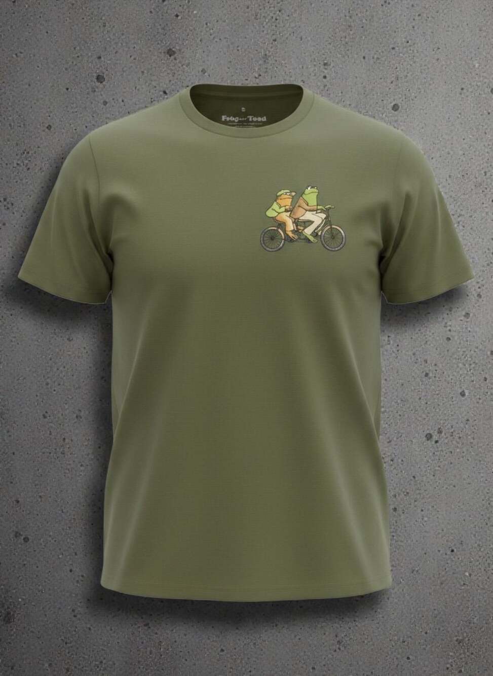 Frog and Toad Tandem Bike Graphic T-Shirt Olive Green small